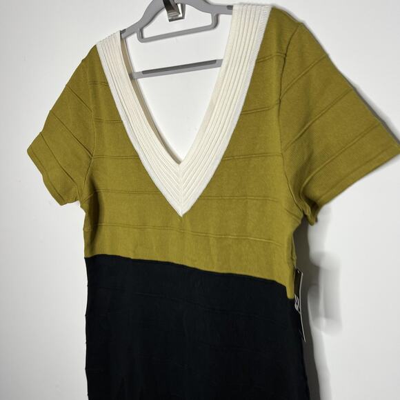 New York & Co Knit Dress Womens 2XL Green Black Colorblock Deep V Short Sleeve - Picture 4 of 13